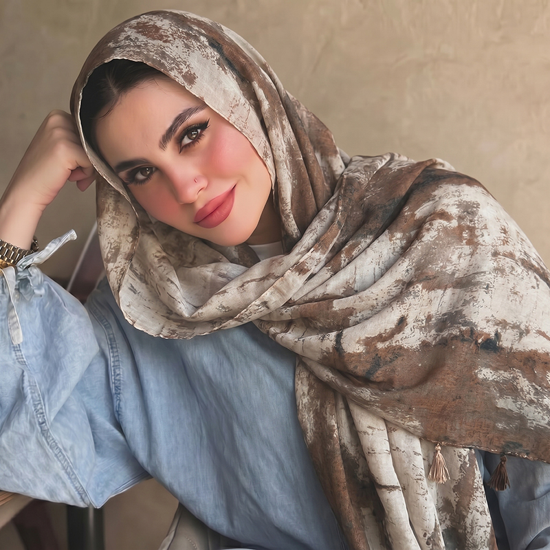حجاب مطبوع بنقوش الحبر مع حواف - مراجعة Women'S Vacation Accessories وسعره